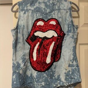 Sequin Rolling Stones Patch Denim Button-Down Shirt - bleached out